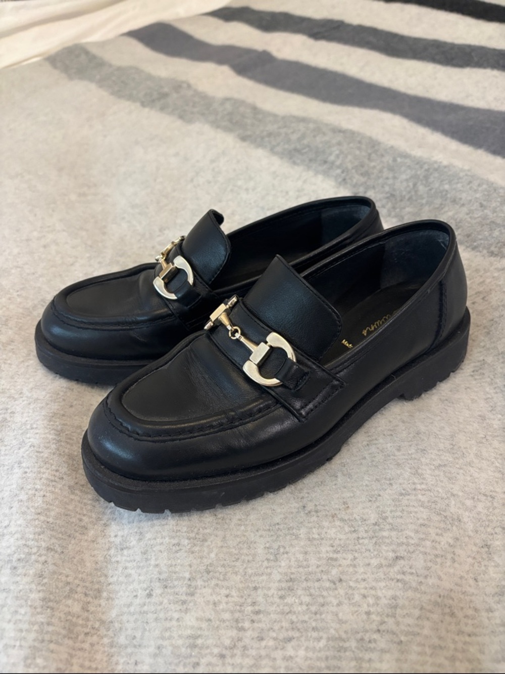 Black Leather Lug Sole Loafer with Gold Bit Accent - Picture 5 of 10